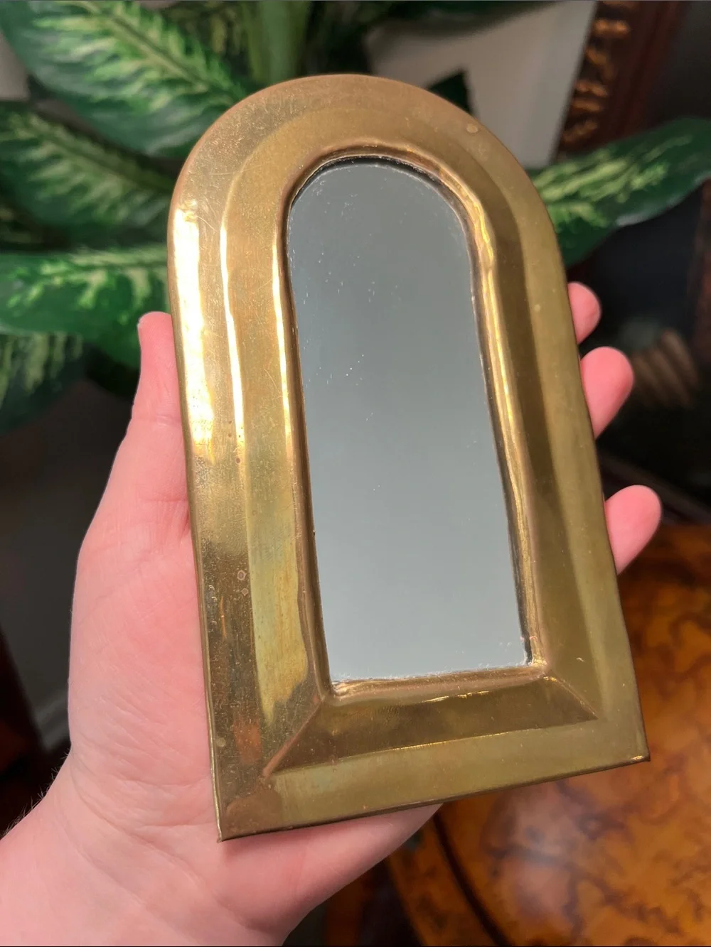 Vintage Boho Moroccan Gold Brass Arched Accent Mirror Small Wall Mirror